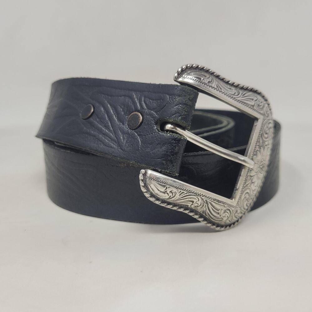 Black Leather Belt Mens XL Western Floral Tooled Silver Buckle Cowboy Rodeo USA